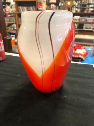 Vintage White Orange Glass Vase Mid Century Modern Rare 5