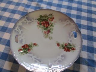 Open Handle Serving Plate Cherries Vintage Antique Gray Luster White 9 1/4 " Show
