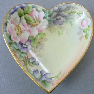 Antique Hp Porcelain Heart Shape Pin Or Ring Dish Pink Roses,  Violets Gilt Trim