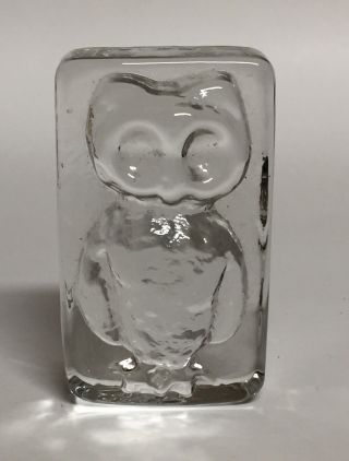 Mid Century Clear Art Glass Ice Block Style Owl Figure Bird Paperweight