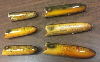 6 Vintage Heddon Wood Lucky 13 Fishing Lures Frog Perch Glass Tack Eyes