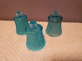 3 Vintage Aqua Blue Diamond Point Peg Votive Cup Glass Candle Holders