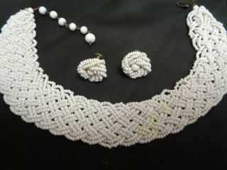 Vintage Antique 1 In Wide Woven White Glass Beaded Choker Necklace & Earrings