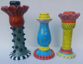 Judie Bomberger Sculpture Whimsical Prickly Pear Candle Holder Set Of 3 Ceramic