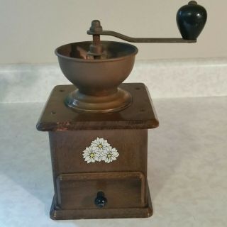 Antique Coffee Grinder With Wooden Box & Drawer Copper - Made In West Germany.
