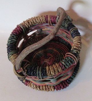 Vintage Reed Basket - Multi Color,  Woven With Twisted Driftwood Handle