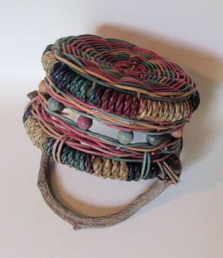 Vintage REED BASKET - Multi color,  woven with twisted driftwood handle 2
