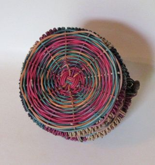 Vintage REED BASKET - Multi color,  woven with twisted driftwood handle 3