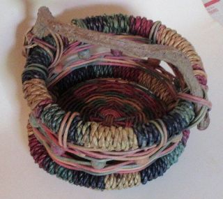 Vintage REED BASKET - Multi color,  woven with twisted driftwood handle 4