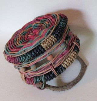 Vintage REED BASKET - Multi color,  woven with twisted driftwood handle 5