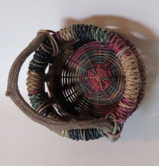 Vintage REED BASKET - Multi color,  woven with twisted driftwood handle 7