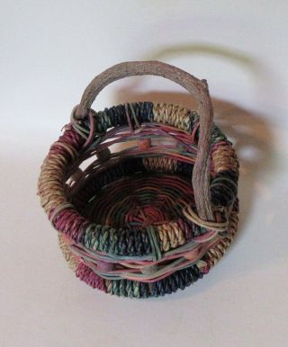 Vintage REED BASKET - Multi color,  woven with twisted driftwood handle 8