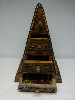 Vintage/asian/oriental Style Wooden Pyramid Storage Box With Four Small Drawers.