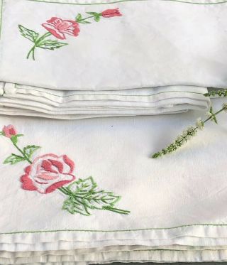 Vintage French Napkins.  Set Of Eight.  Hand Embroidered With Roses.