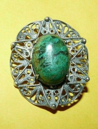 Vintage Antique " 925 " Sterling Silver Filigree W/ Turquoise Ornate Pendant Pin