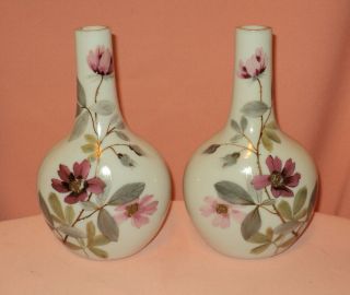 Antique 8 1/2 " Hand Painted Bristol Glass Bottle Vases With Flowers