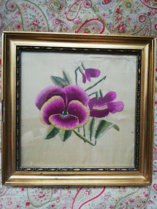 Silk Hand Embroidery Flowers Vintage Square Picture In Wooden Frame Under Glass