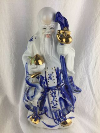 Vintage Large Blue And White And Gold Shou Lao Chinese Statue