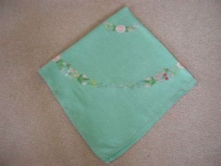 Vintage Hand Embroidered Green Linen Table Cloth 34 " X 32 "