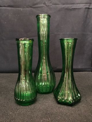 Set Of 3 Vintage Hoosier Green Glass Vase Bottle Genie Depression Glass C