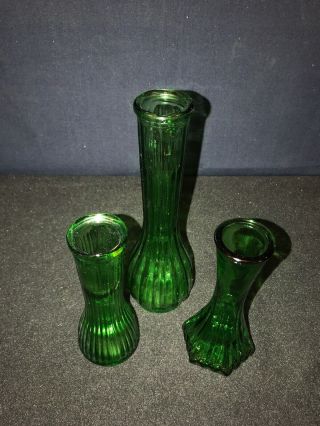 Set Of 3 VINTAGE HOOSIER Green GLASS VASE Bottle Genie Depression Glass C 5