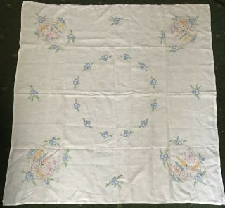 Vintage Linen Tablecoth Embroidered Crinoline Lady Hollyhocks 52 X 51” Approx