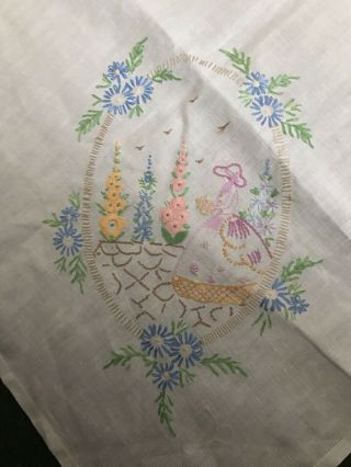 Vintage Linen Tablecoth Embroidered Crinoline Lady Hollyhocks 52 X 51” Approx 2
