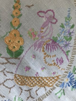 Vintage Linen Tablecoth Embroidered Crinoline Lady Hollyhocks 52 X 51” Approx 4