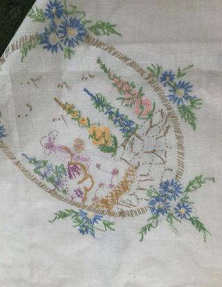 Vintage Linen Tablecoth Embroidered Crinoline Lady Hollyhocks 52 X 51” Approx 5
