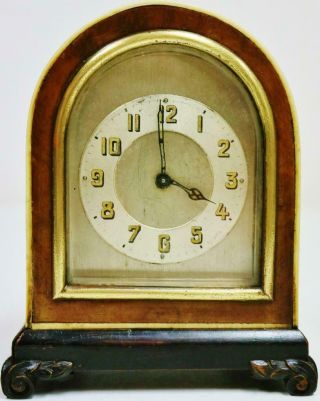 Antique Swiss 2 Day Miniature Mantel Clock,  Walnut Domed Top Alarm Desk Clock