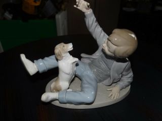 Lladro Porcelain Figurine 298 Boy With Dog,  Puppy Playing