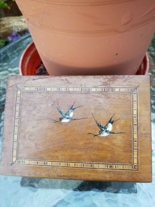 Small Vintage Wooden Puzzle Box Inlaid Marquetry Surround,  Picture Of Swallows.