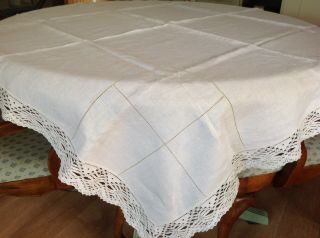 Vintage Crochet Lace Edged Linen Tablecloth 48 " X 48 "