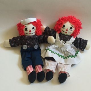Vintage 11 " Hand Made Raggedy Ann & Andy Dolls Blue Outfits