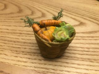 Vintage Dollhouse Miniature Wicker Basket W Vegetables Pumpkin,  Carrots,  Cabbage