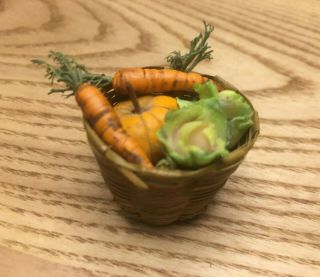 Vintage Dollhouse Miniature Wicker Basket w Vegetables Pumpkin,  Carrots,  Cabbage 2