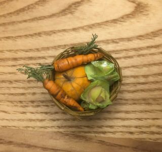 Vintage Dollhouse Miniature Wicker Basket w Vegetables Pumpkin,  Carrots,  Cabbage 3