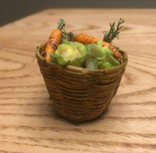 Vintage Dollhouse Miniature Wicker Basket w Vegetables Pumpkin,  Carrots,  Cabbage 4