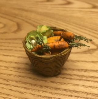 Vintage Dollhouse Miniature Wicker Basket w Vegetables Pumpkin,  Carrots,  Cabbage 5