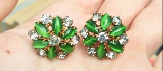 Antique Art Nouveau Sterling Green Czech Glass & Crystal Screw Back Earrings A,