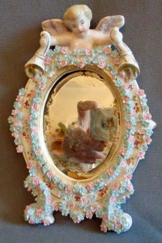 Antique Vintage Shabby Chic Porcelain Mirror Photo Frame Angel Applied Flowers