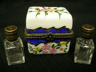 Vintage Porcelain Trinket Box With Hinged Lid Brass Frame 2 Miniature Bottles