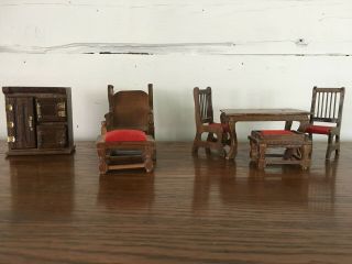 Vintage 7 Piece Wood Wooden Doll House Furniture With Red Cushions