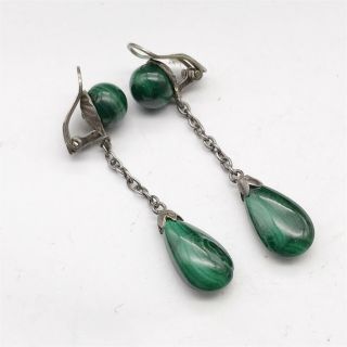 Antique Solid Silver French Malachite Pendant Green Jade Ladies Earrings
