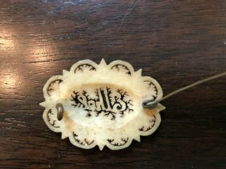 Antique Victorian Edwardian Carved Bone Ivory Pin Brooch Carved Ethel in Middle 3
