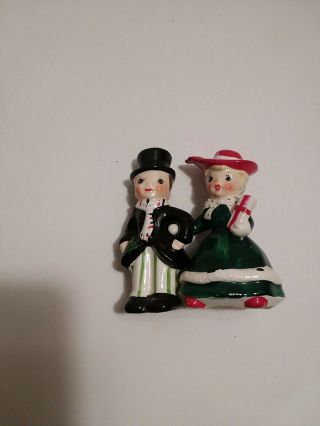 Vintage Lefton Christmas Man And Woman Linked Arm Salt And Pepper Shakers