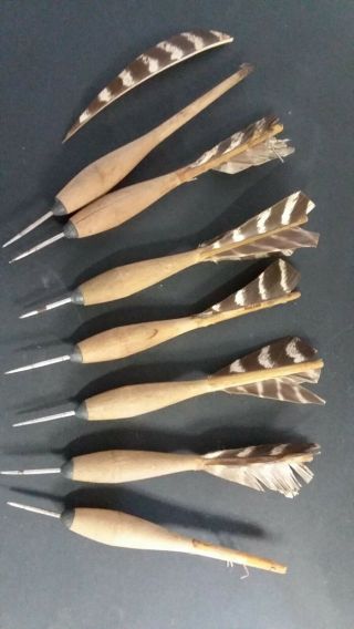 Vintage Set Of 7 Wooden Feathered Darts,  Need Re Feathered,  Very Man Cave Cool