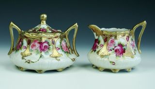 Antique Vintage Signed Nippon Rose Gold Gilt Porcelain Creamer And Sugar Set