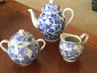 Antique/vtg Asian Blue & White Porcelain Set: Tea Pot,  Sugar Bowl And Creamer
