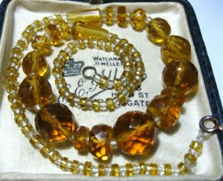 Vintage Antique Art Deco Citrine Amber Glass Crystal Beads Necklace For Restring